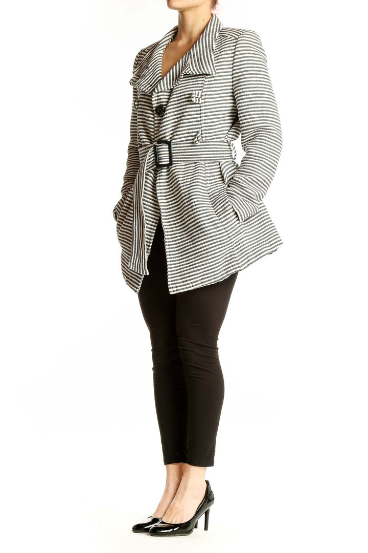 Front view of Zara Basic gray striped cotton belted coat