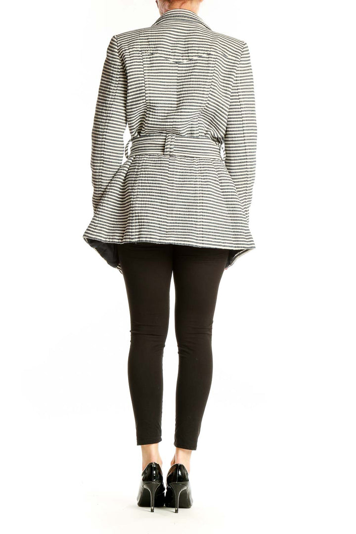 Back view of Zara Basic gray striped cotton belted coat on model
