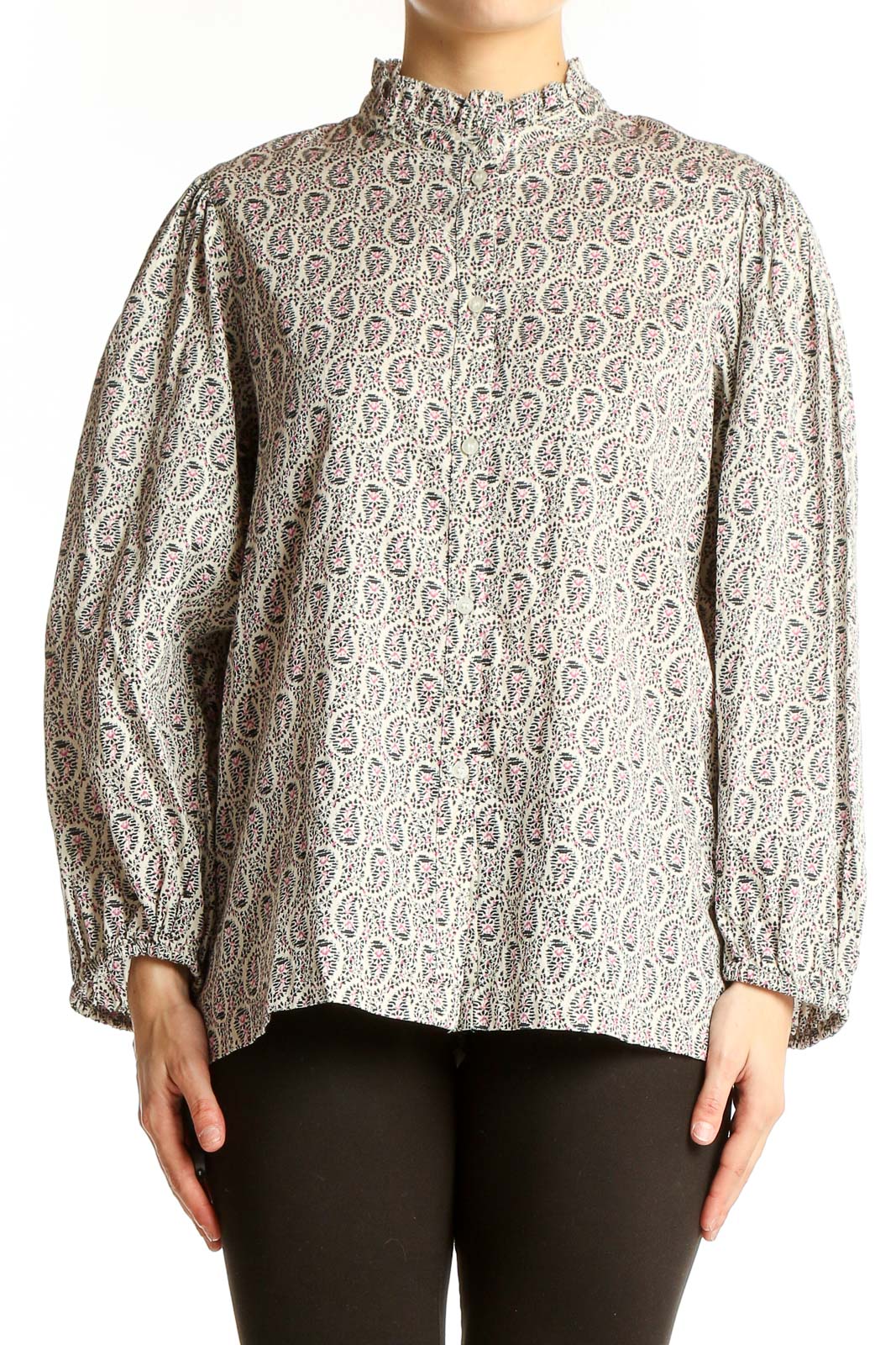 Front view of Gap gray paisley print blouse with balloon sleeves and high neck