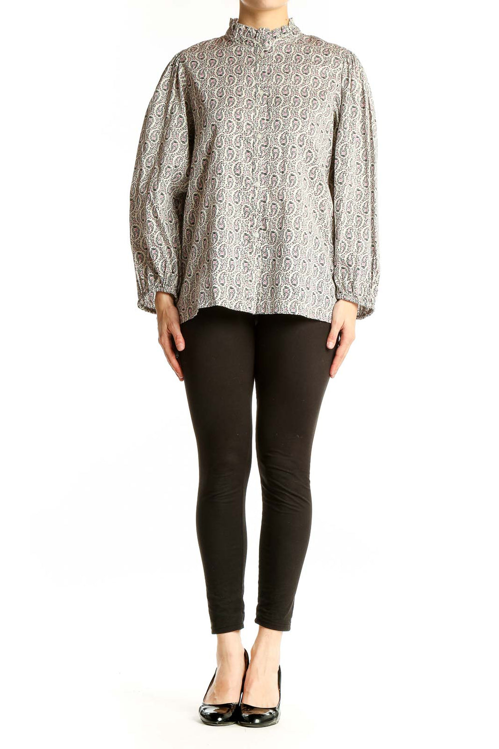 Front view of Gap gray paisley print blouse with balloon sleeves and high neck