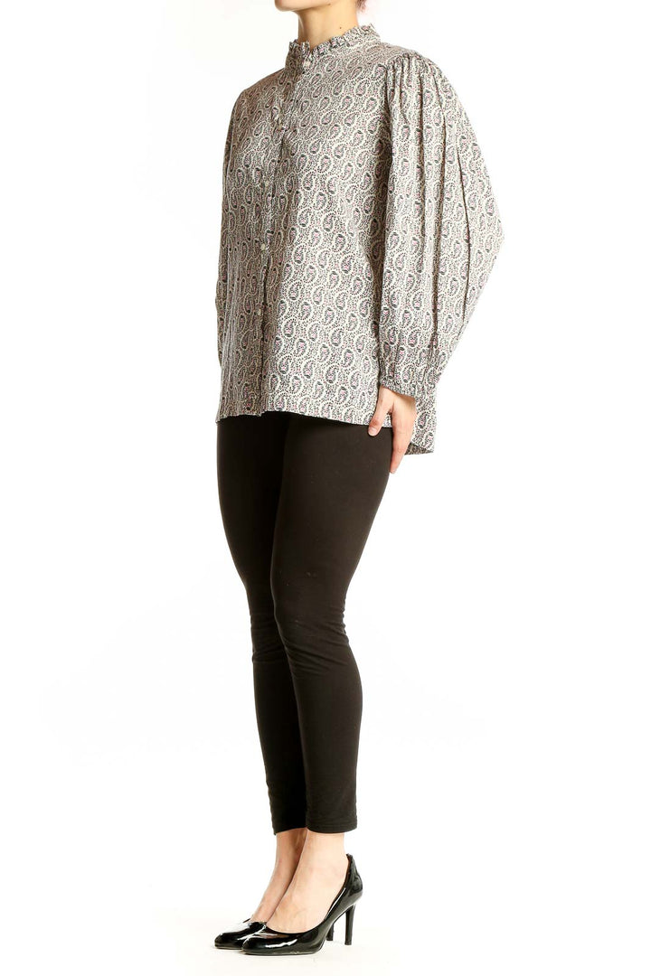 Front view of Gap gray paisley print blouse with balloon sleeves and high neck