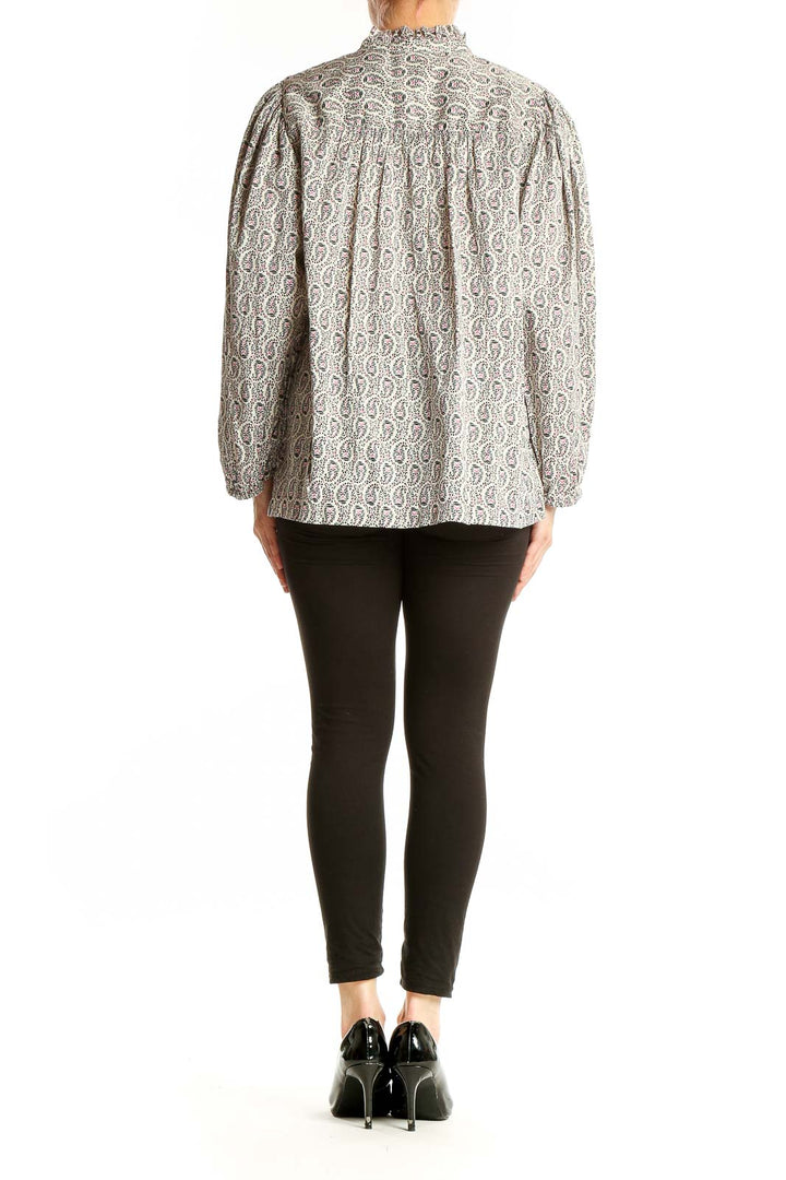 Back view of Gap gray paisley print blouse showing full balloon sleeves