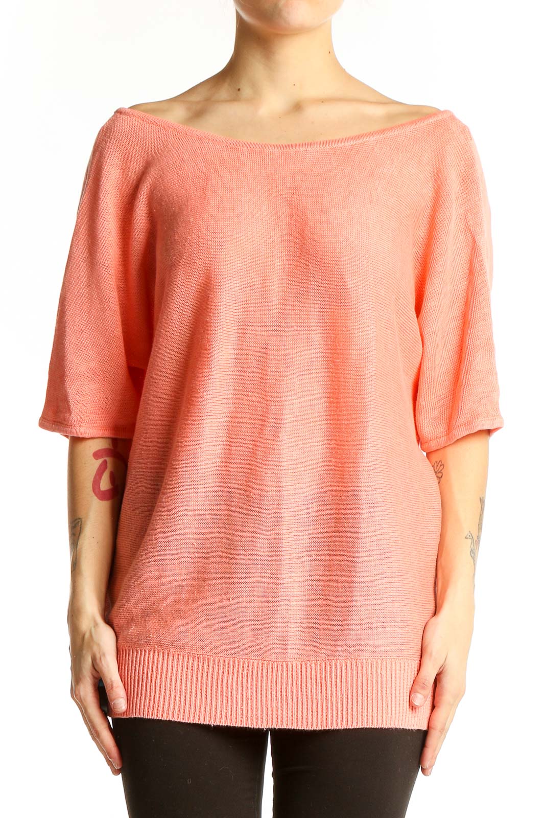 Front view of coral linen off-shoulder top from Talbots