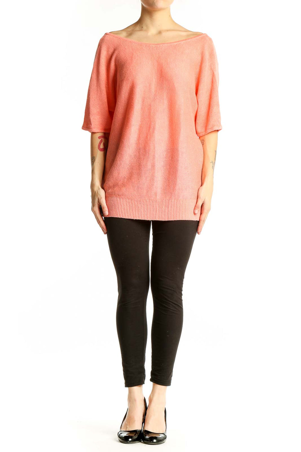 Front view of coral linen off-shoulder top from Talbots
