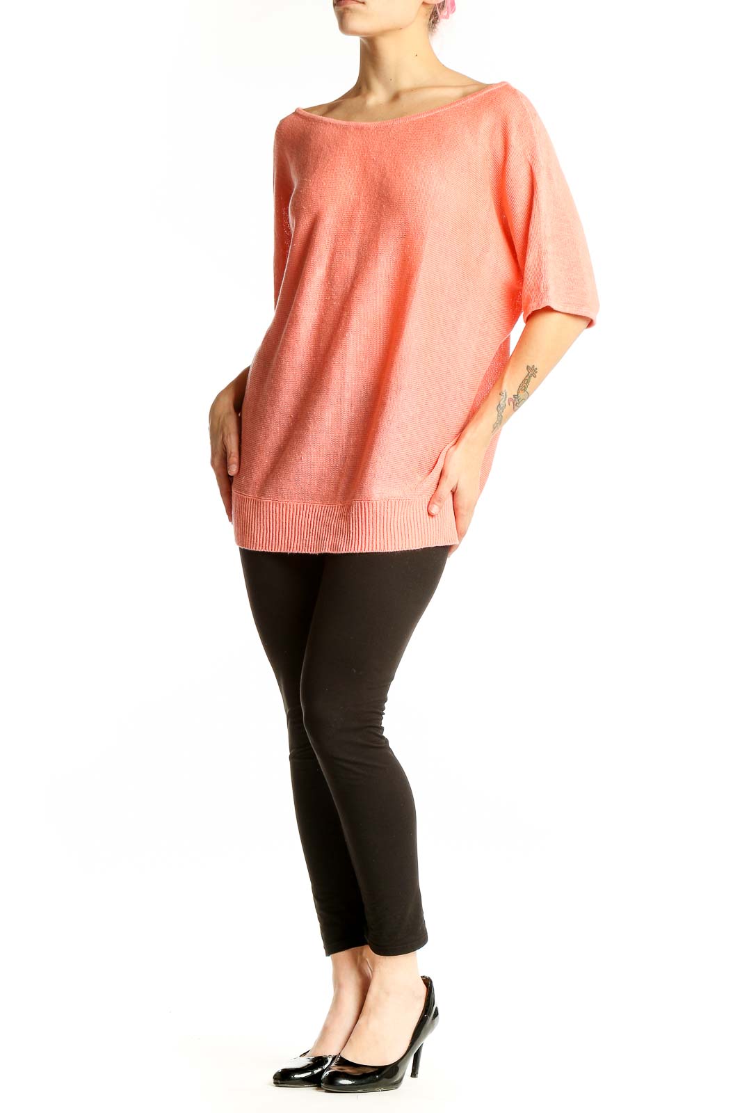 Front view of coral linen off-shoulder top from Talbots