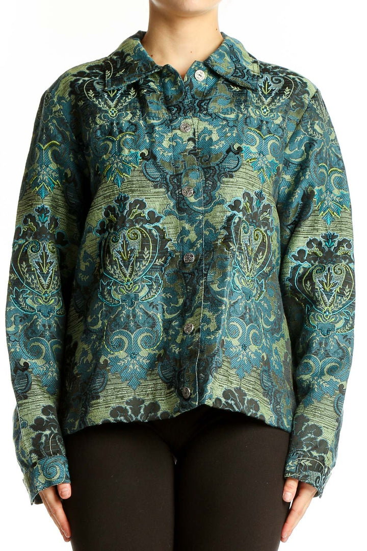 Front view of teal floral brocade jacket by Laura Ashley