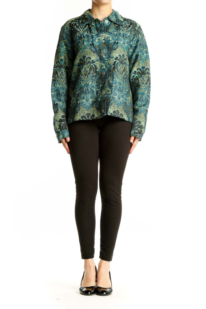 Front view of teal floral brocade jacket by Laura Ashley