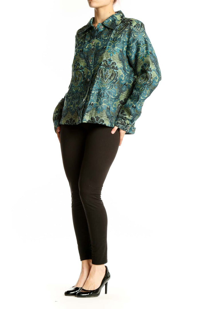 Front view of teal floral brocade jacket by Laura Ashley