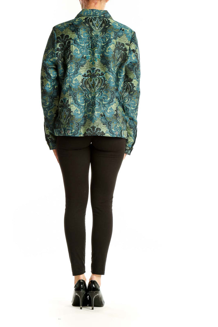 Back view of teal floral brocade jacket by Laura Ashley
