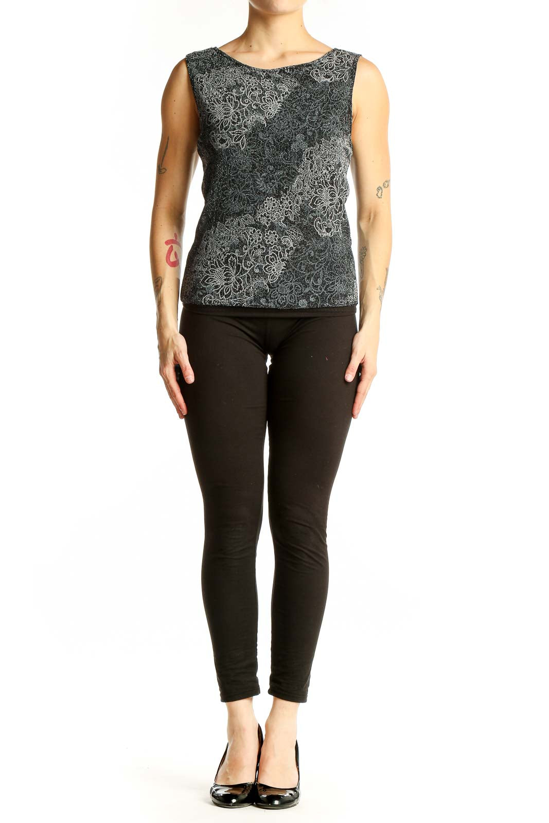 Front view of Heartsoul Black Sleeveless Top with Silver Floral Lurex Pattern
