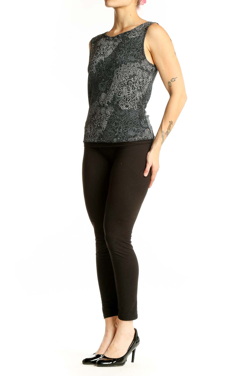 Front view of Heartsoul Black Sleeveless Top with Silver Floral Lurex Pattern