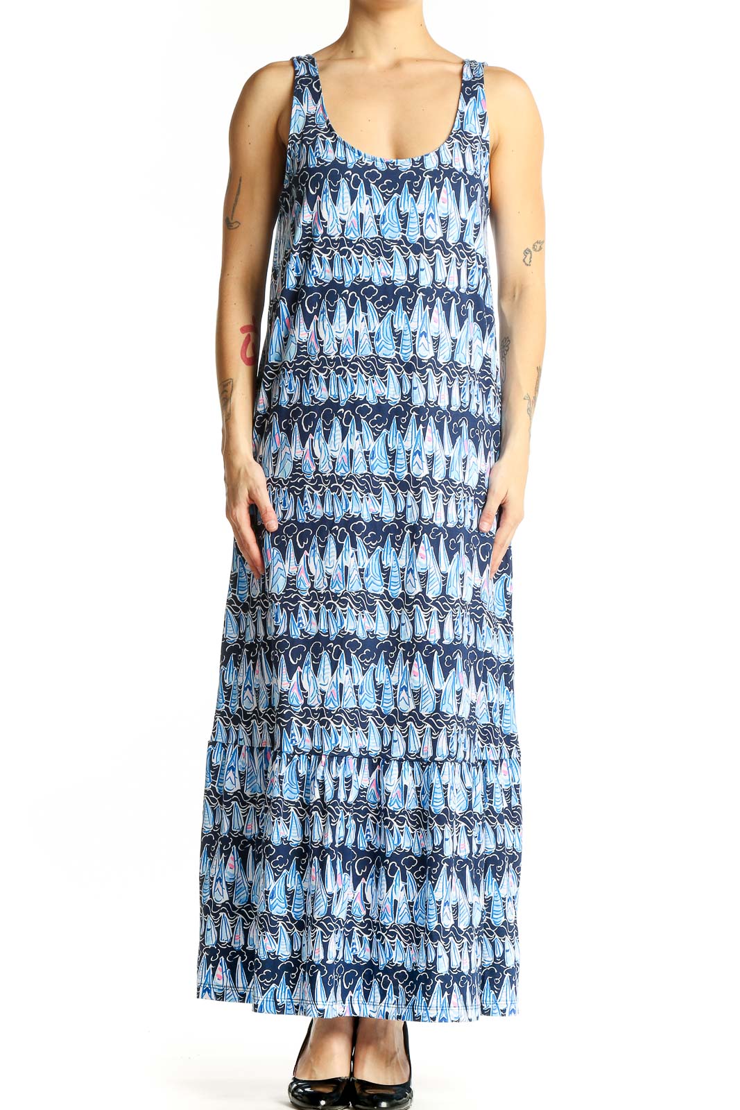 Front view of Lilly Pulitzer blue floral print cotton maxi dress