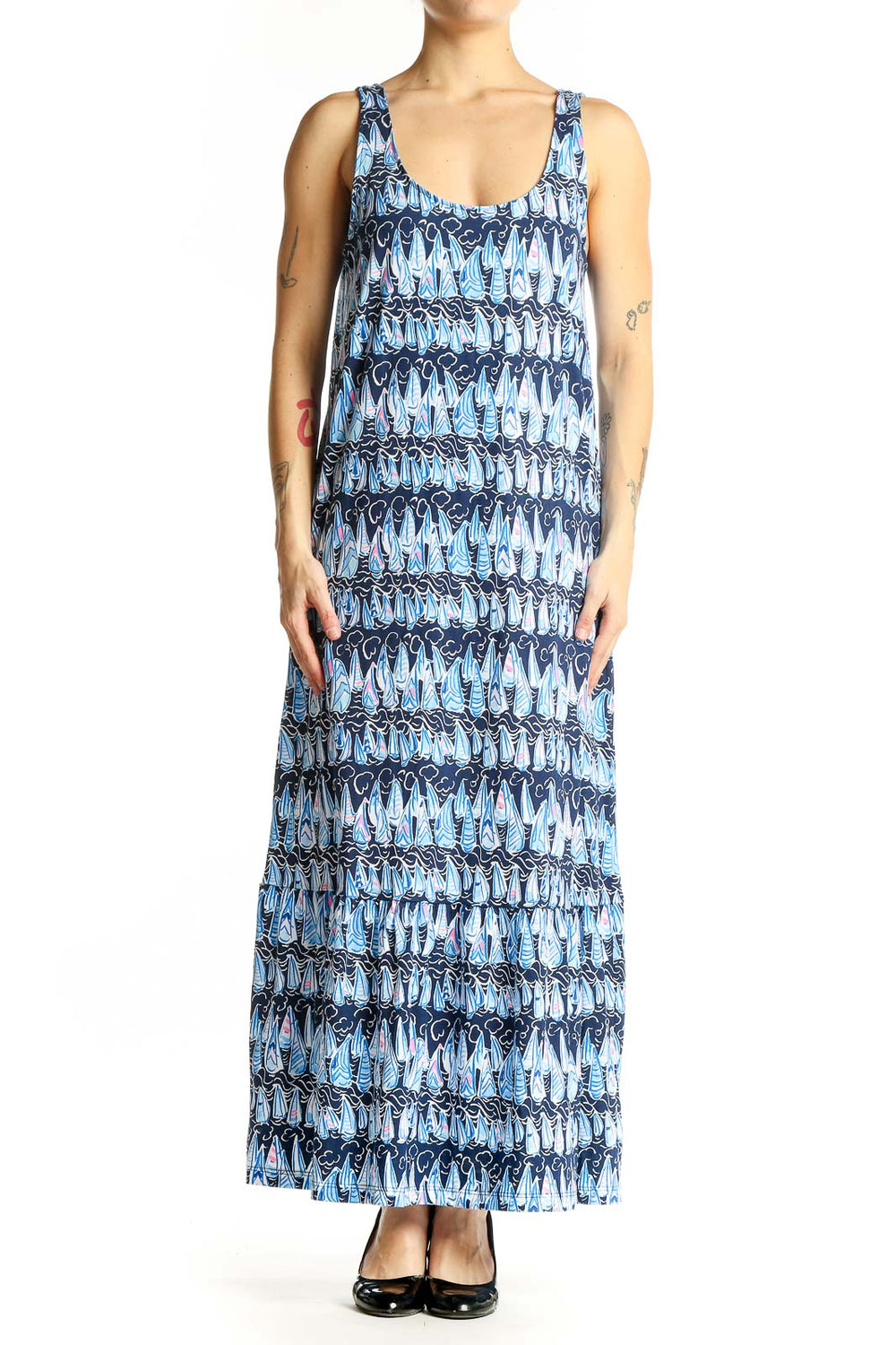 Front view of Lilly Pulitzer blue floral print cotton maxi dress