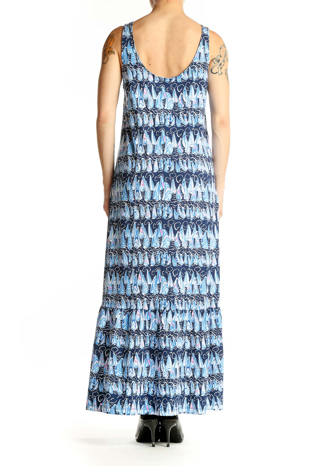 Back view of Lilly Pulitzer blue floral print cotton maxi dress