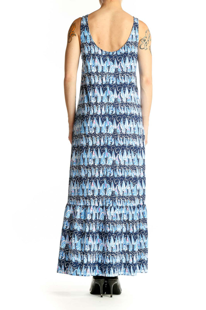 Back view of Lilly Pulitzer blue floral print cotton maxi dress