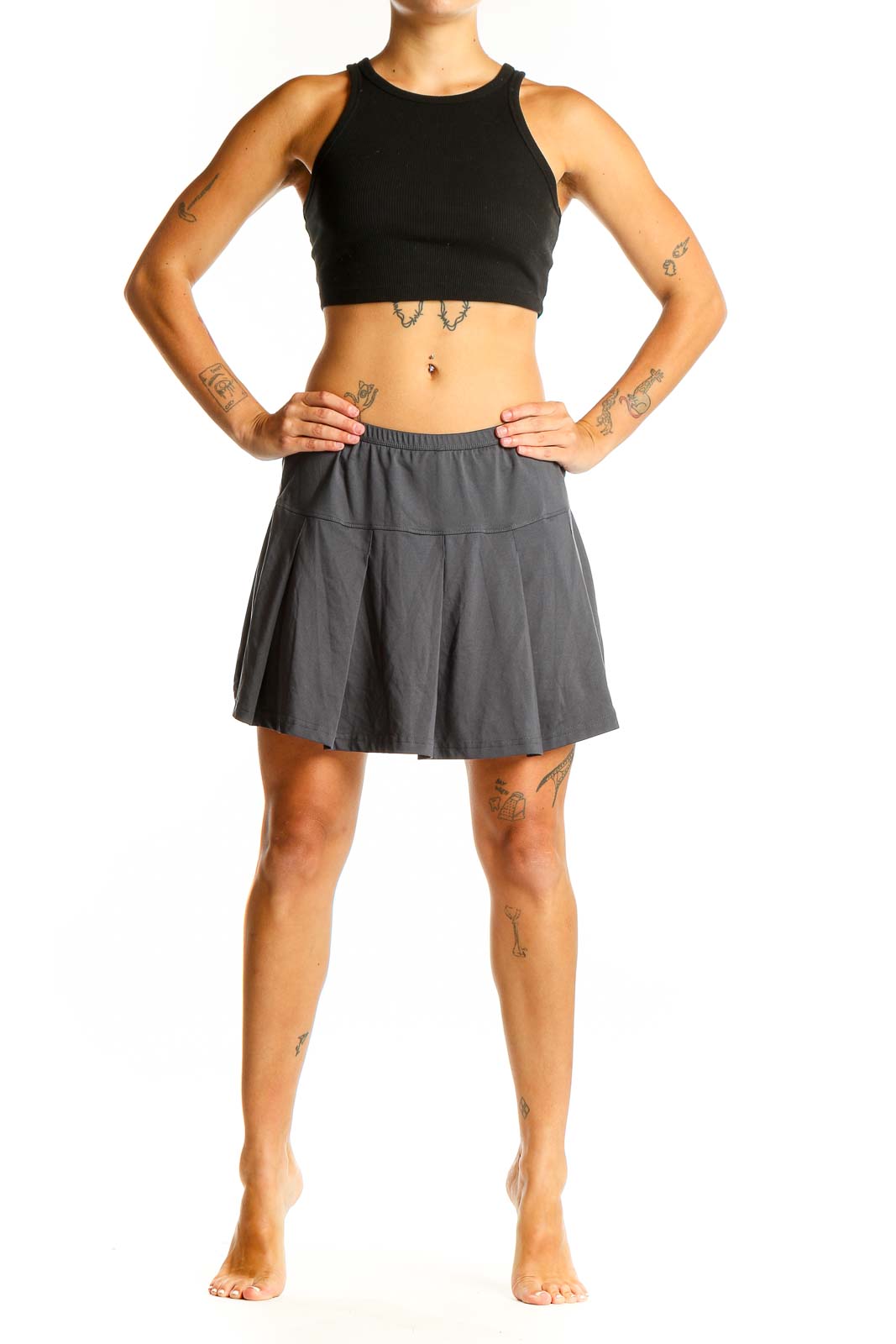 Front view of gray pleated athletic skirt by Bollé