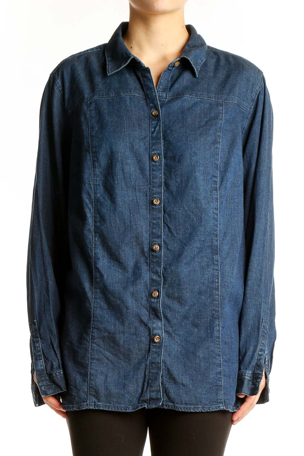 Front view of J.Jill blue denim button-up shirt