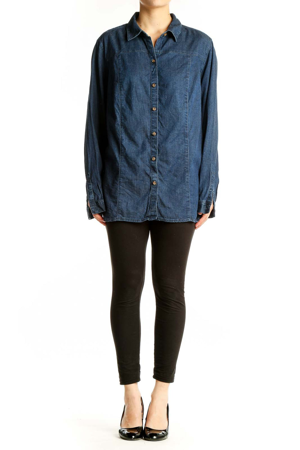 Front view of J.Jill blue denim button-up shirt