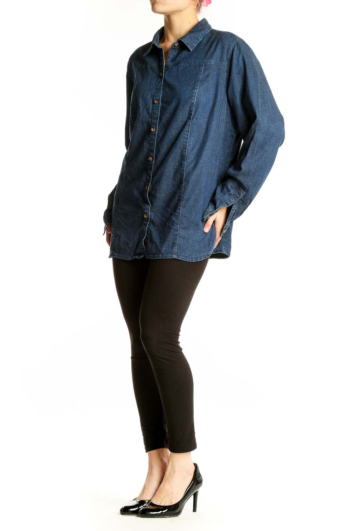 Front view of J.Jill blue denim button-up shirt