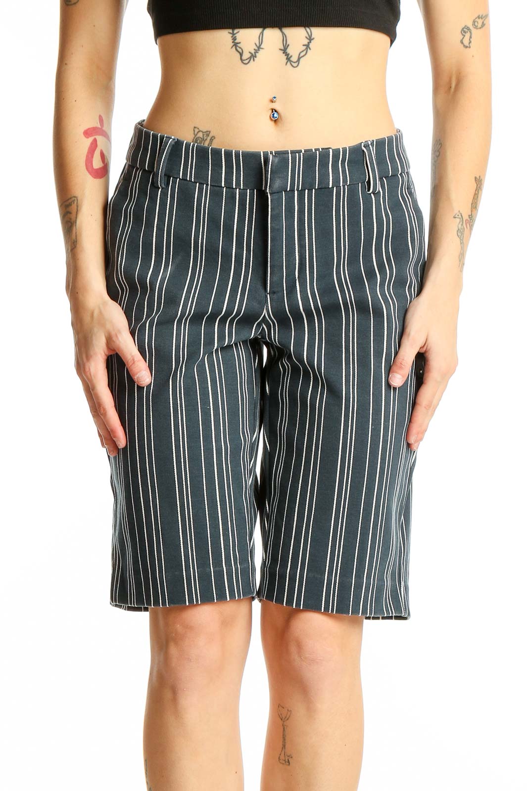Front view of gray striped Bermuda shorts by Liverpool Los Angeles