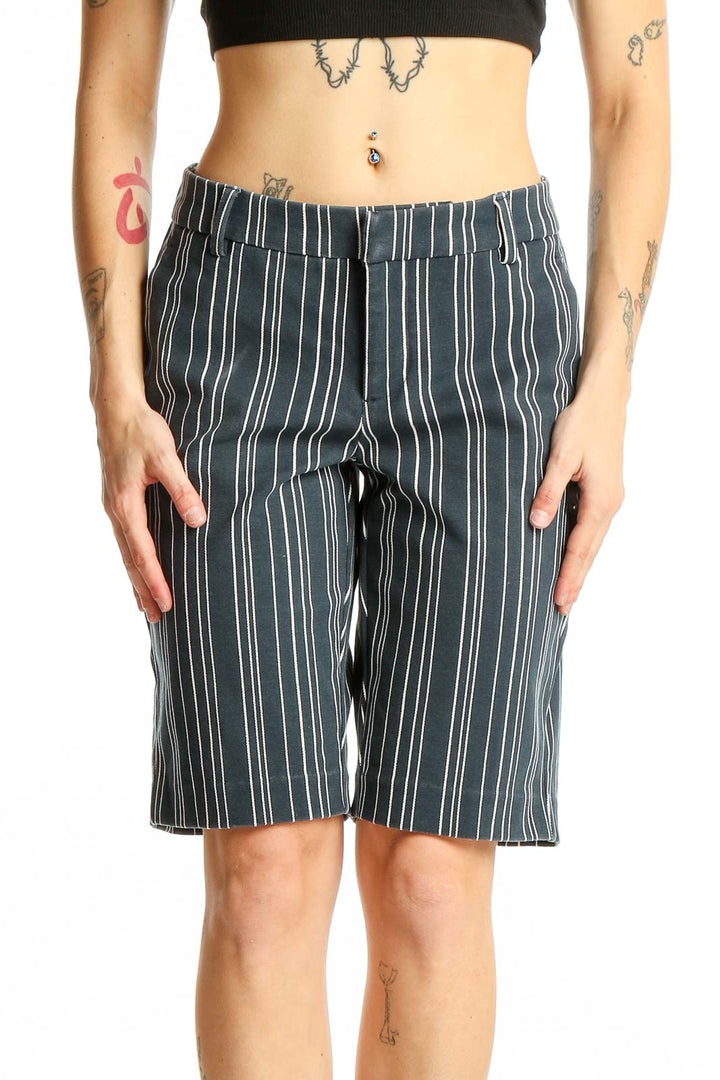 Front view of gray striped Bermuda shorts by Liverpool Los Angeles