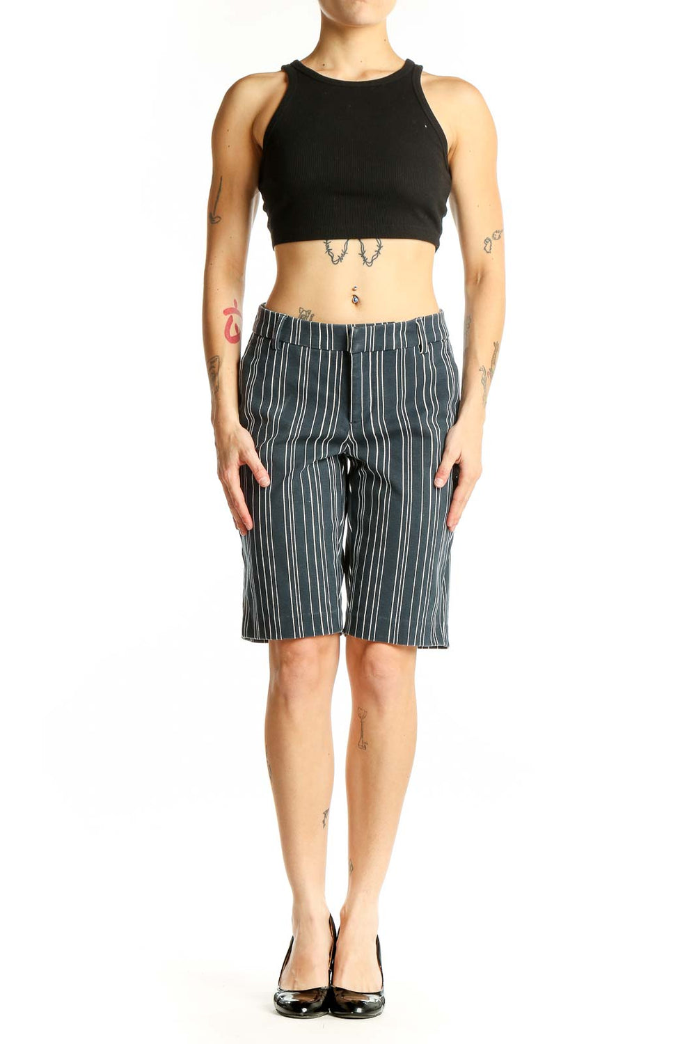 Front view of gray striped Bermuda shorts by Liverpool Los Angeles