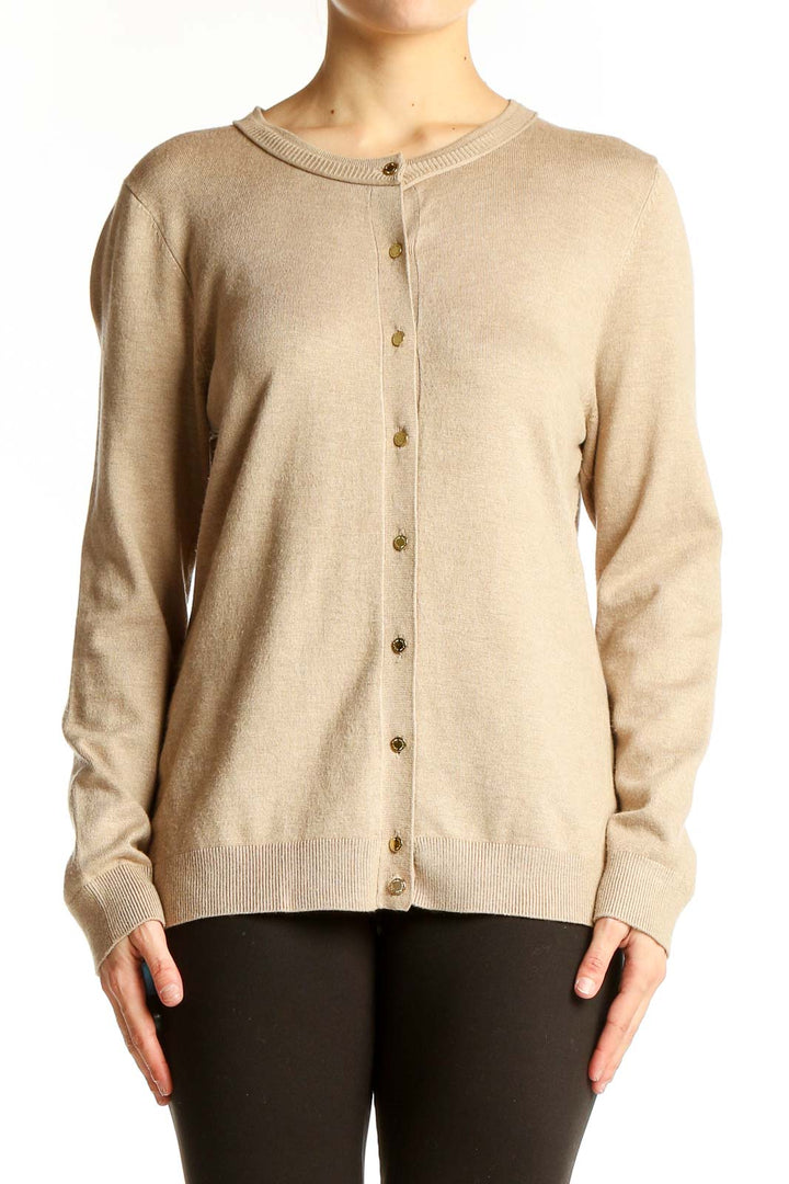 Front view of beige Calvin Klein button-up cardigan sweater
