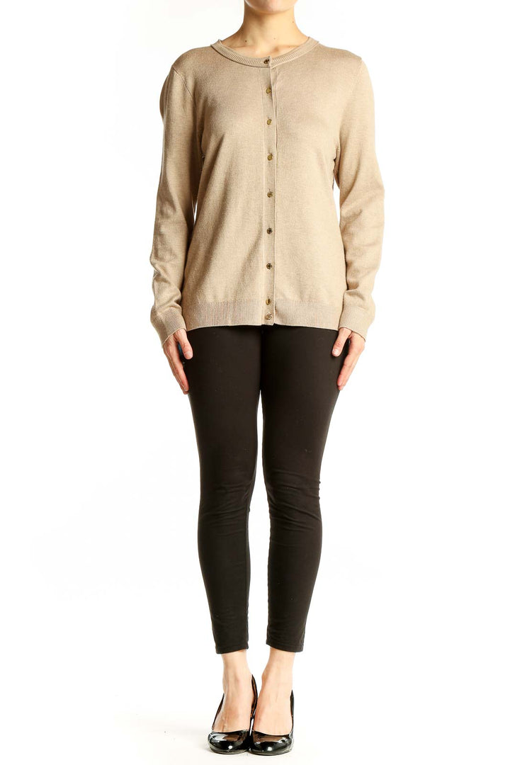 Front view of beige Calvin Klein button-up cardigan sweater