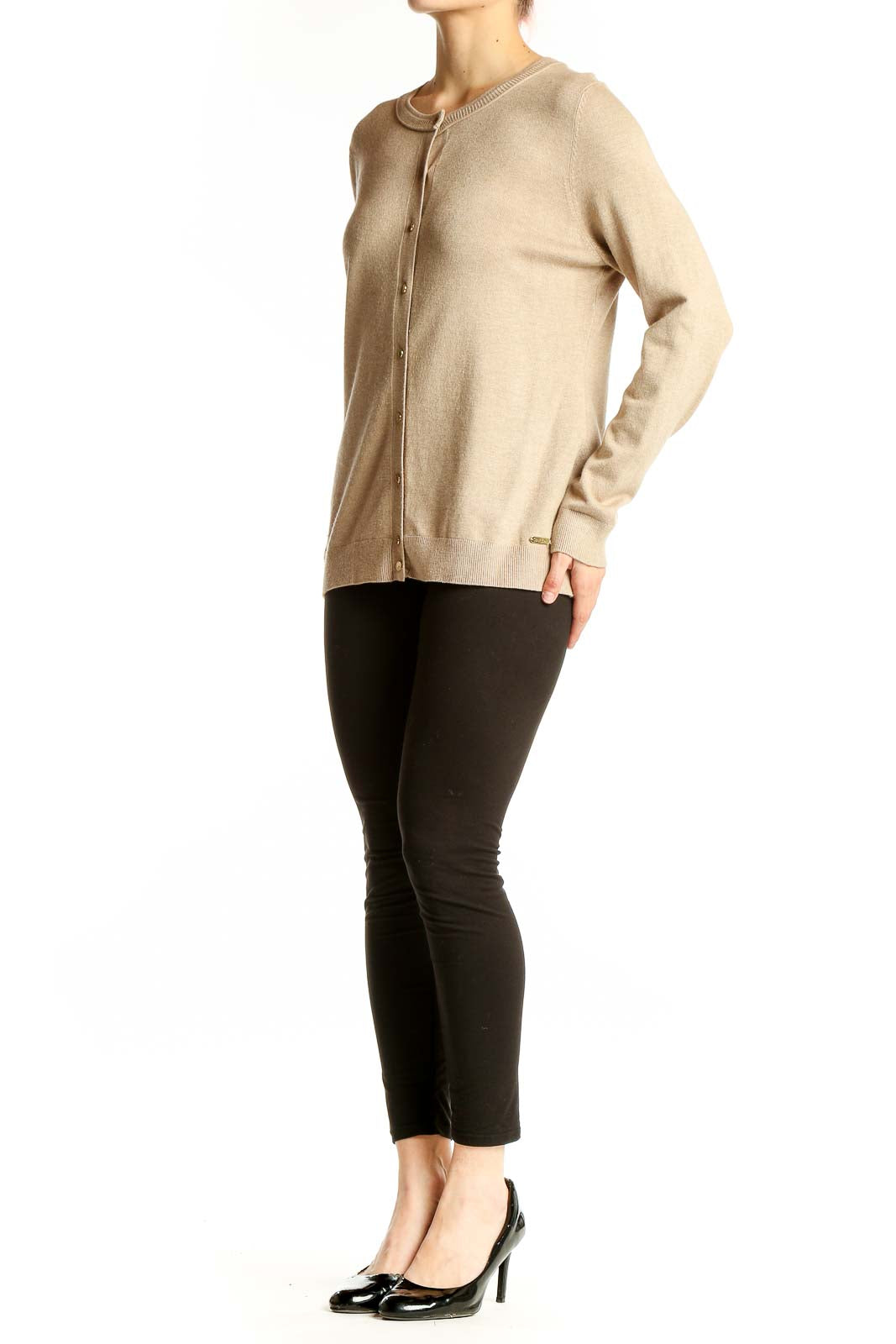 Front view of beige Calvin Klein button-up cardigan sweater