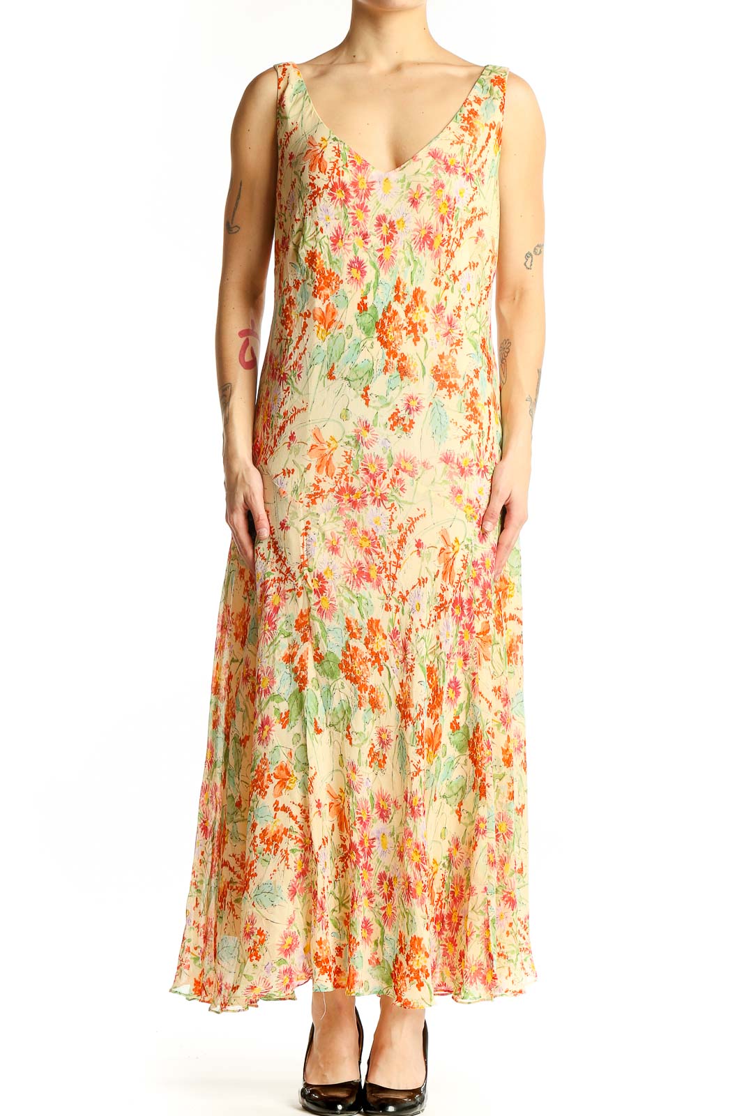 Front view of Jones New York yellow floral silk maxi dress with V-neckline