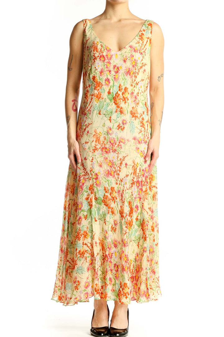 Front view of Jones New York yellow floral silk maxi dress with V-neckline