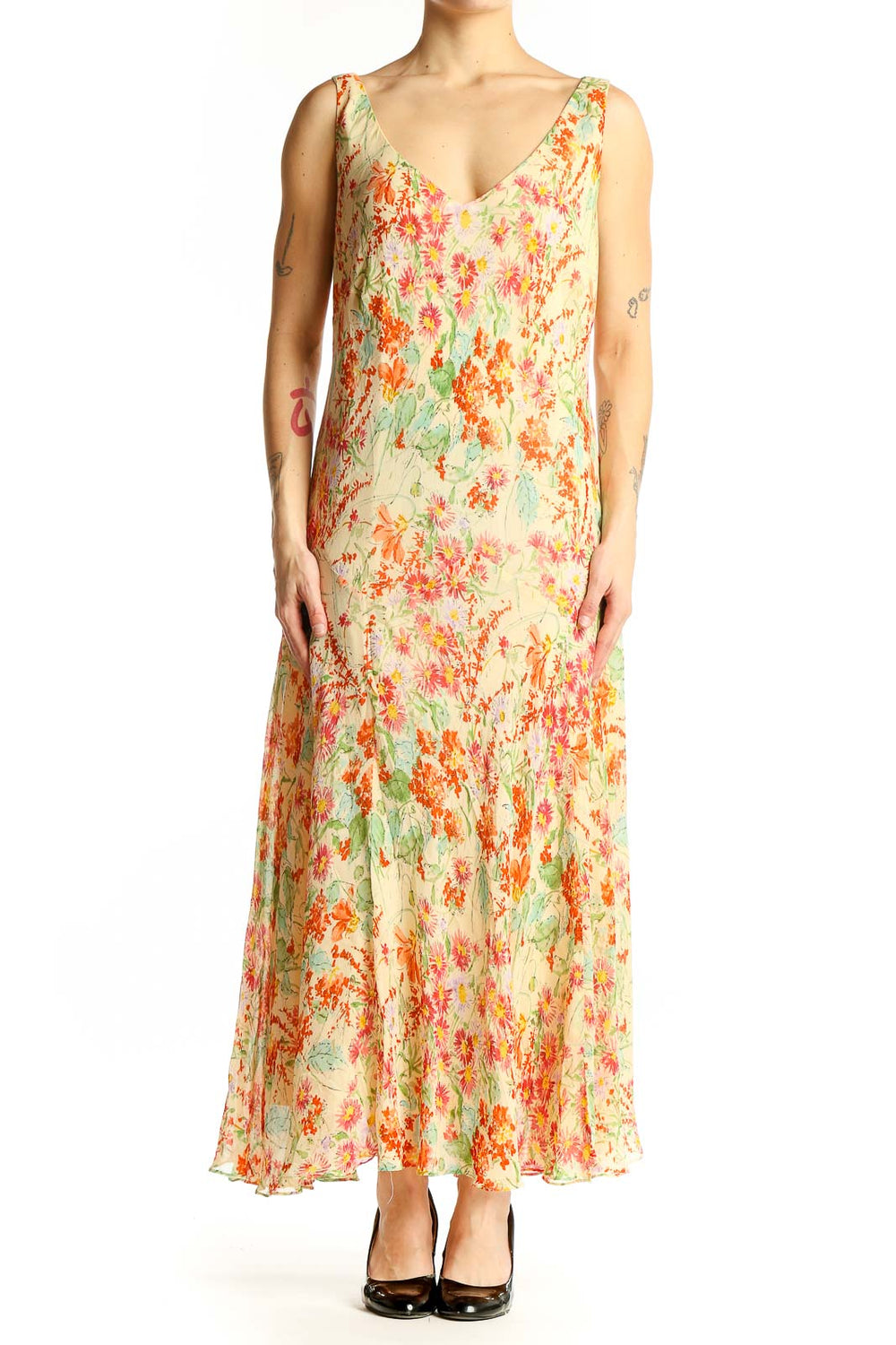 Front view of Jones New York yellow floral silk maxi dress with V-neckline