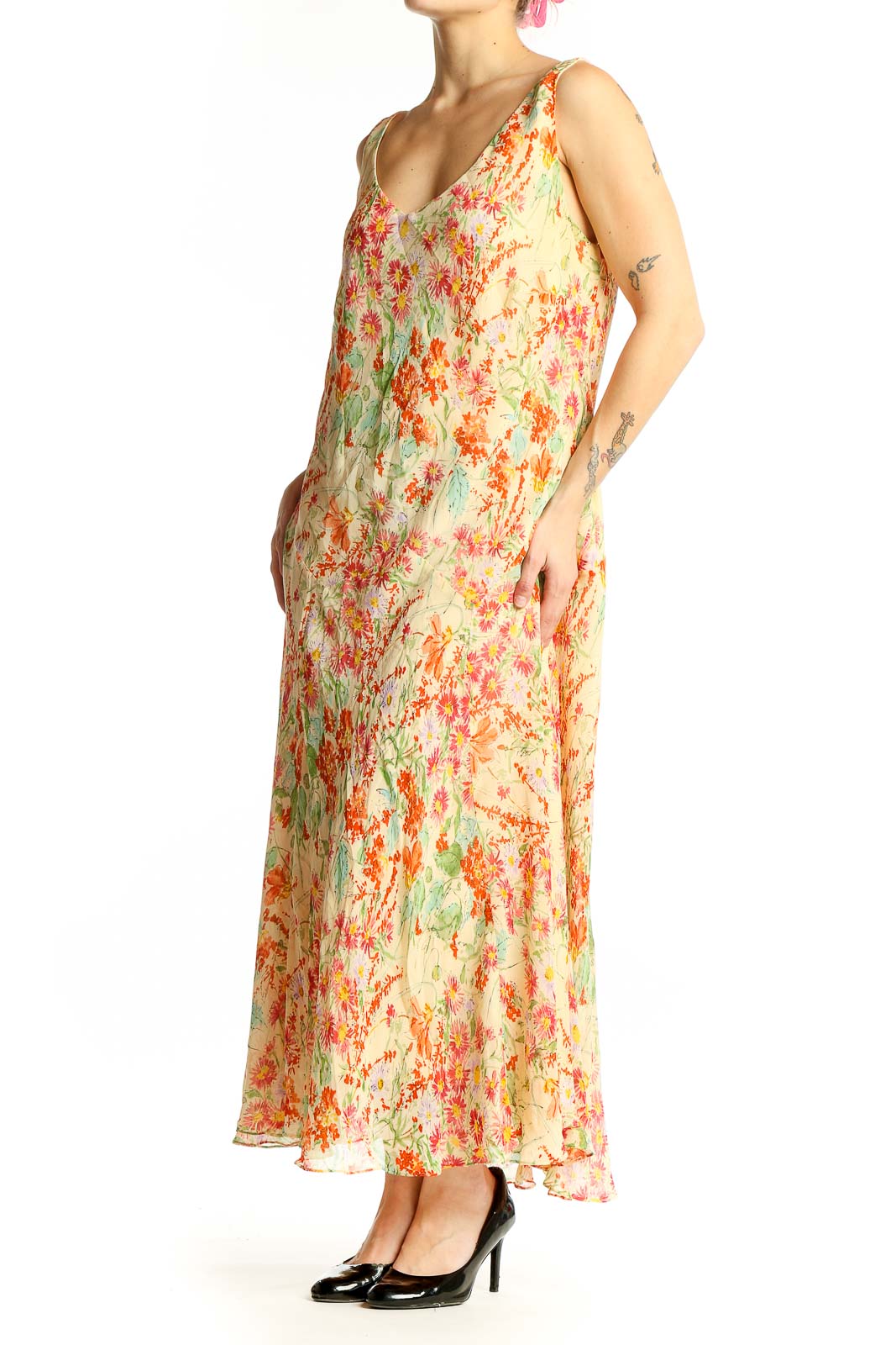 Front view of Jones New York yellow floral silk maxi dress with V-neckline