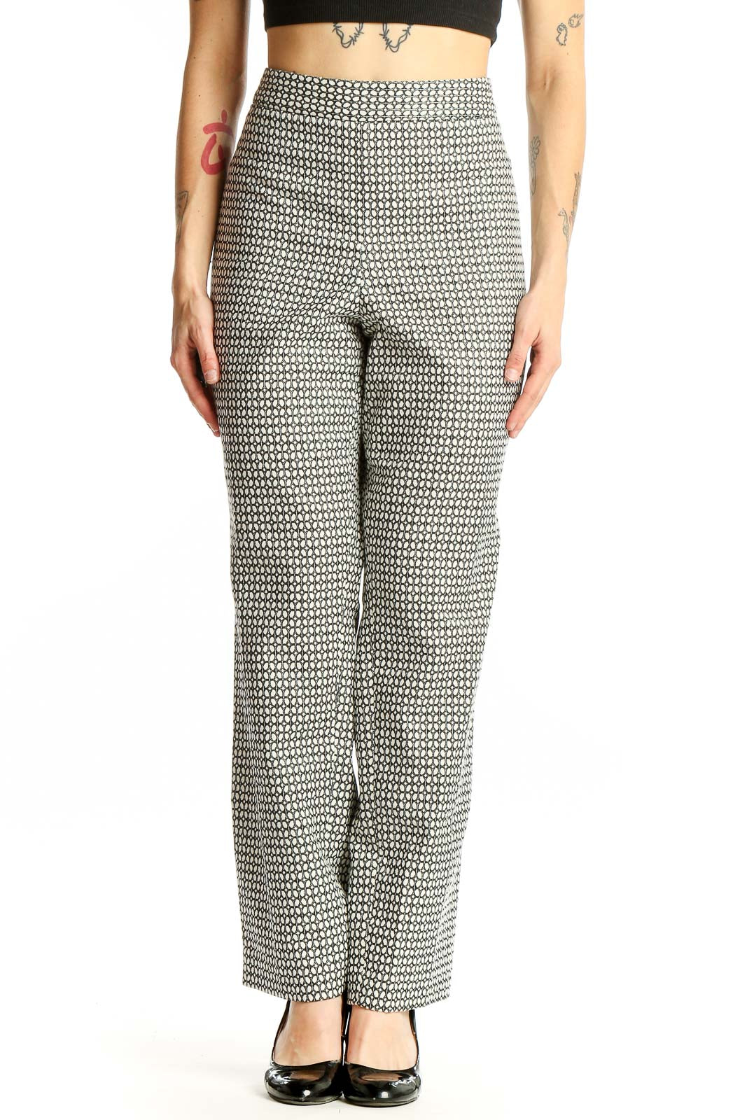 Front view of Talbots black and white geometric print wide-leg pants