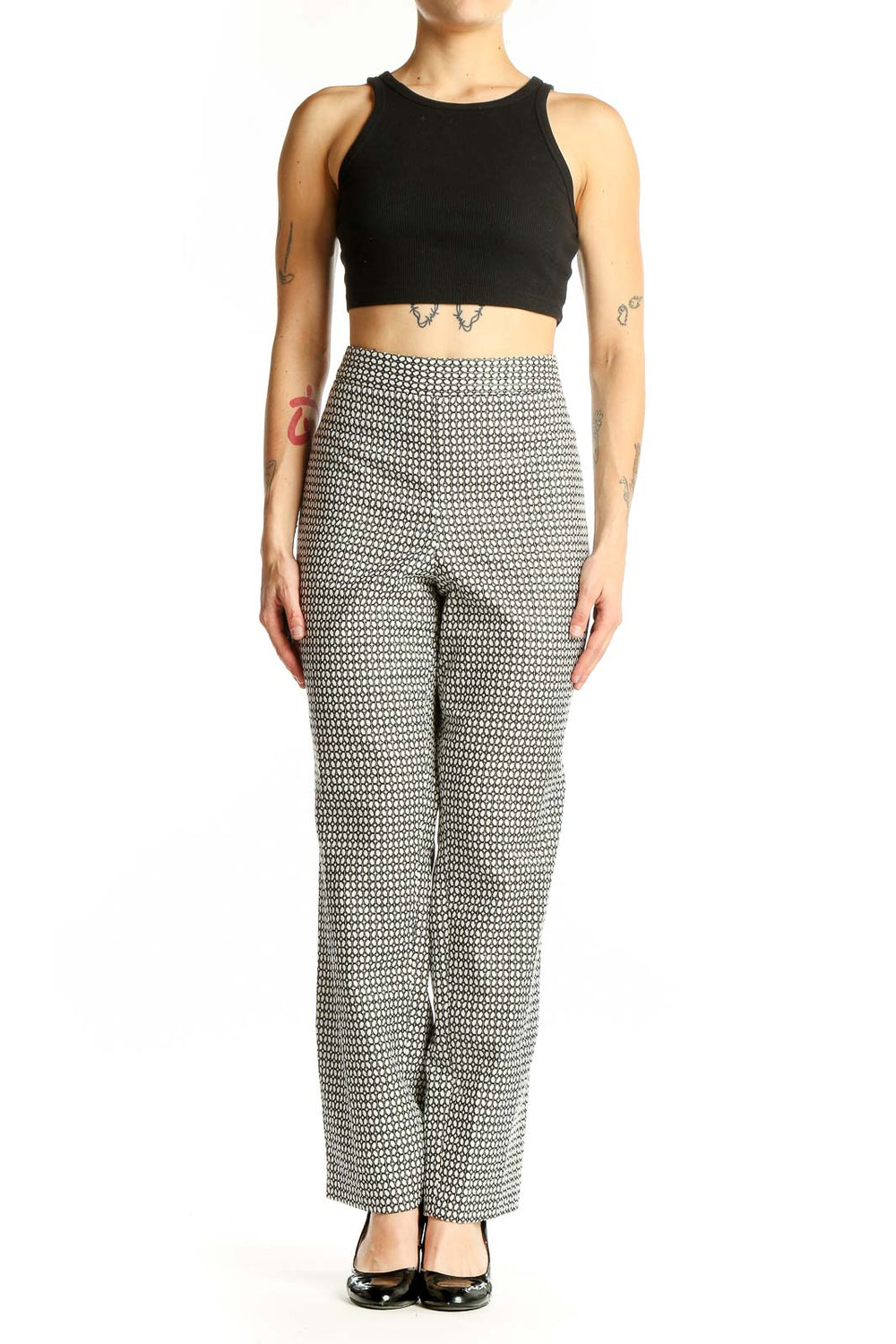 Front view of Talbots black and white geometric print wide-leg pants