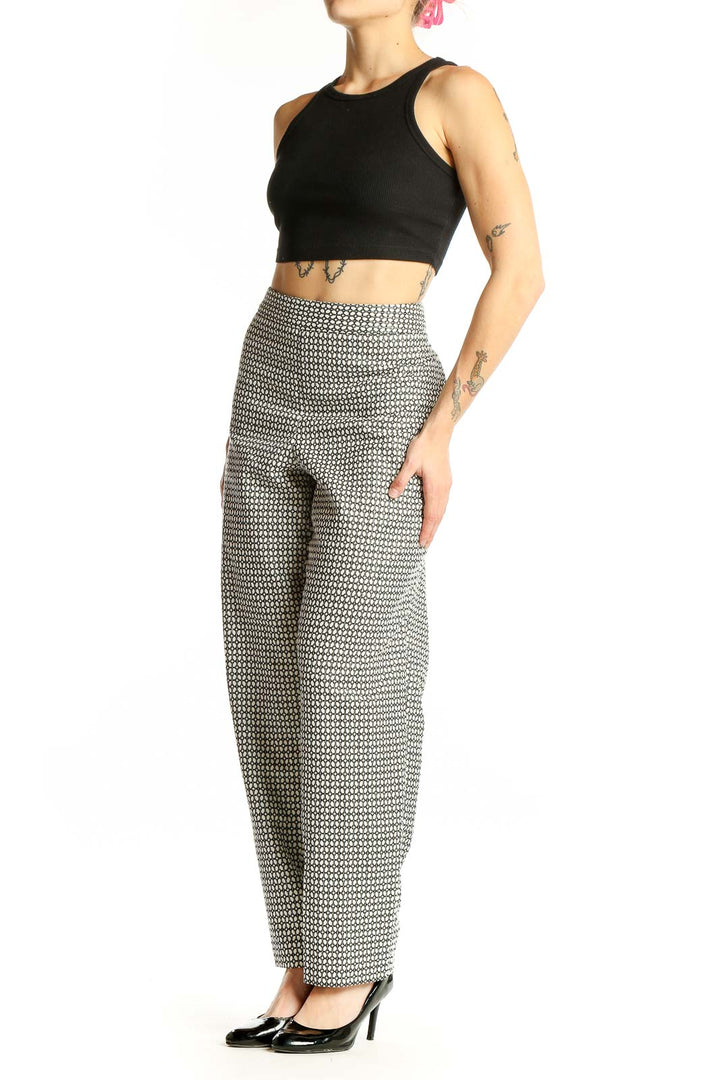Front view of Talbots black and white geometric print wide-leg pants