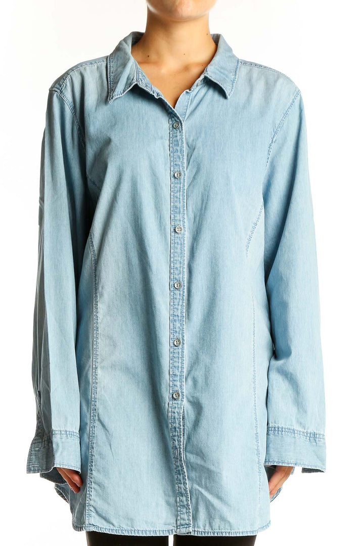 Front view of J.Jill light blue oversized cotton button-down shirt