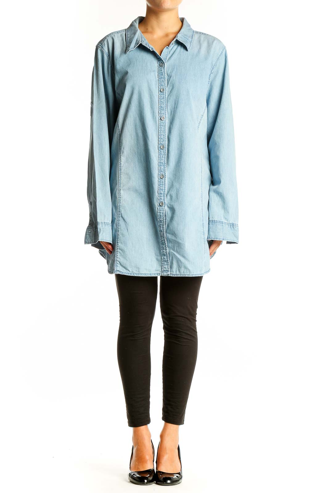 Front view of J.Jill light blue oversized cotton button-down shirt
