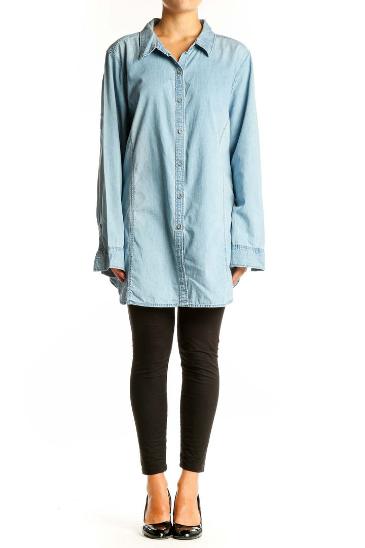 Front view of J.Jill light blue oversized cotton button-down shirt
