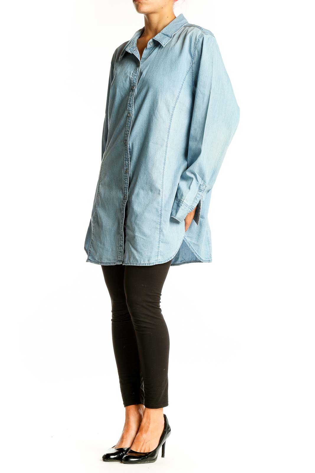 Front view of J.Jill light blue oversized cotton button-down shirt