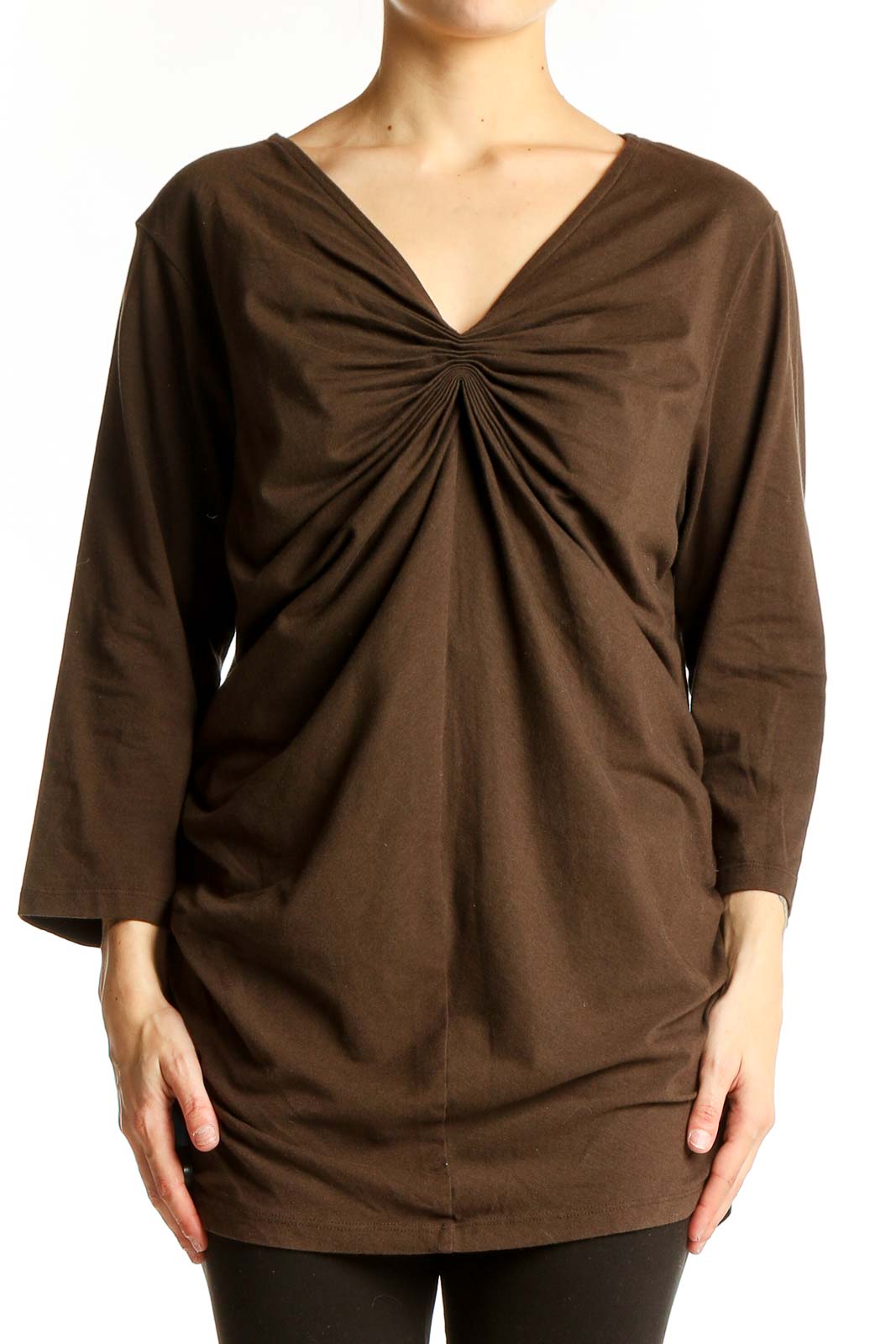 Front view of Michael Kors brown ruched V-neck long sleeve top