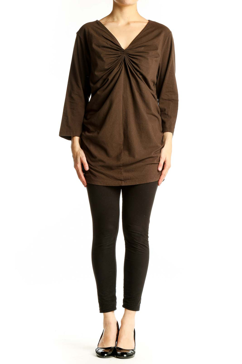 Front view of Michael Kors brown ruched V-neck long sleeve top