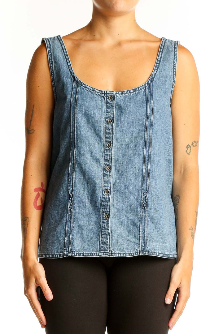 Front view of J.Jill light blue denim button-front tank top