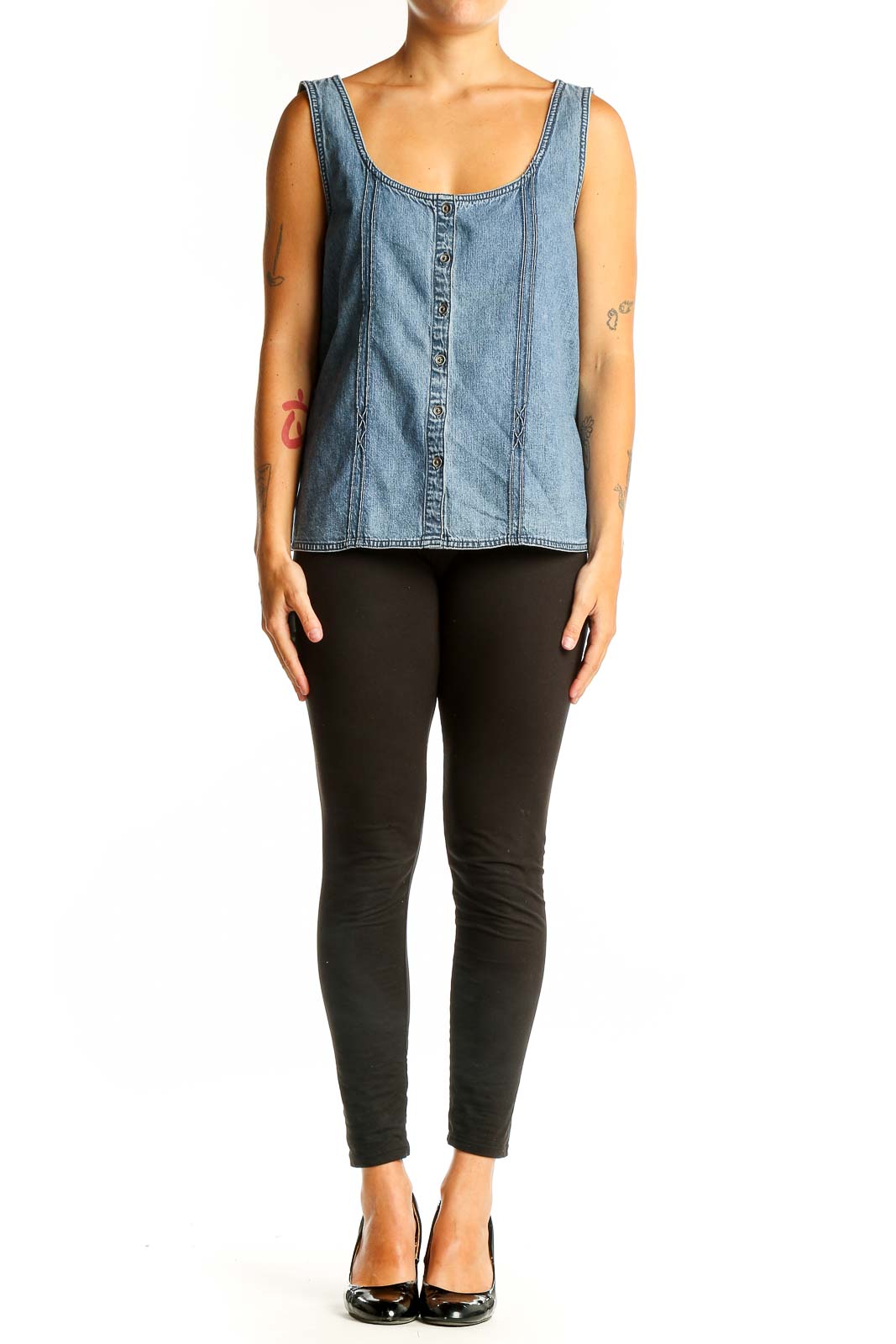 Front view of J.Jill light blue denim button-front tank top