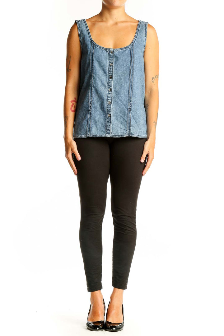 Front view of J.Jill light blue denim button-front tank top
