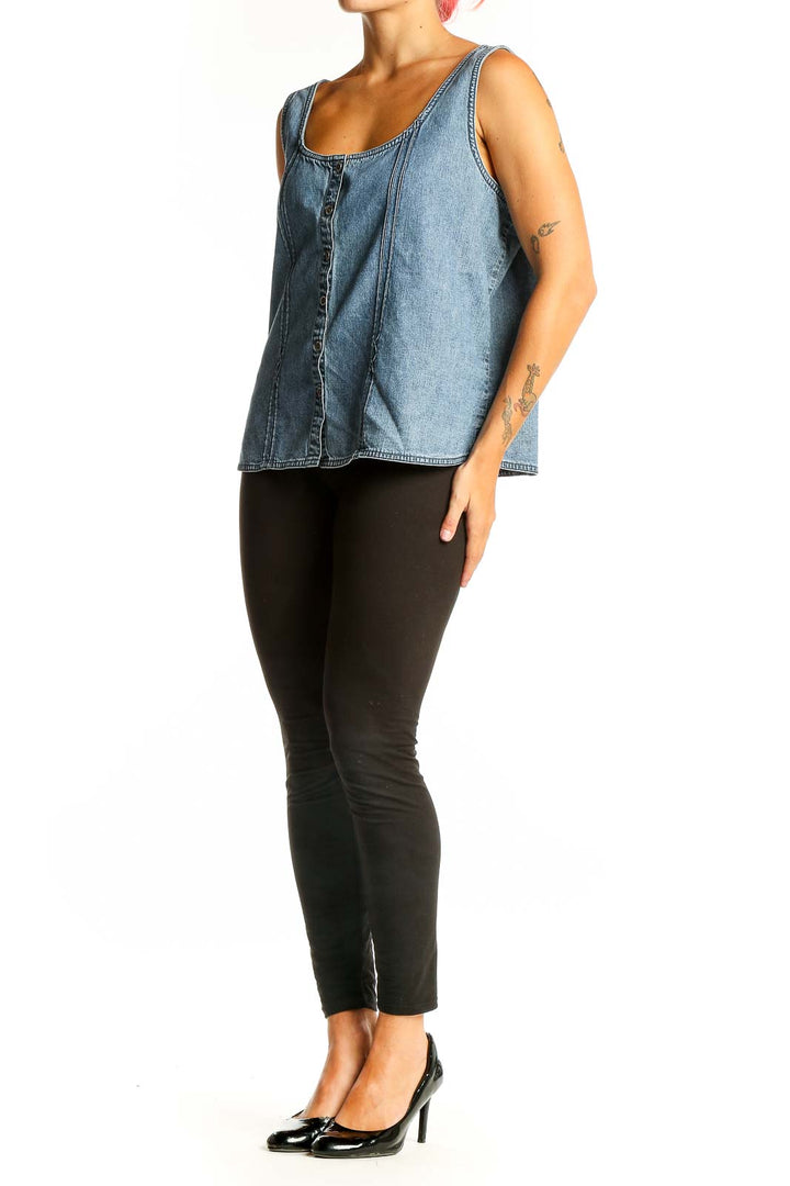 Front view of J.Jill light blue denim button-front tank top