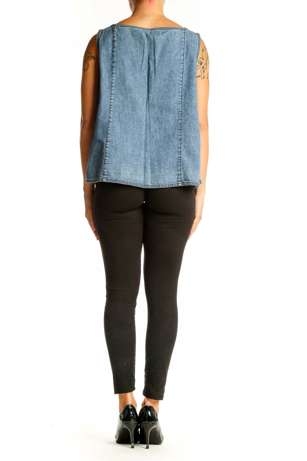 Back view of J.Jill light blue denim tank top on model
