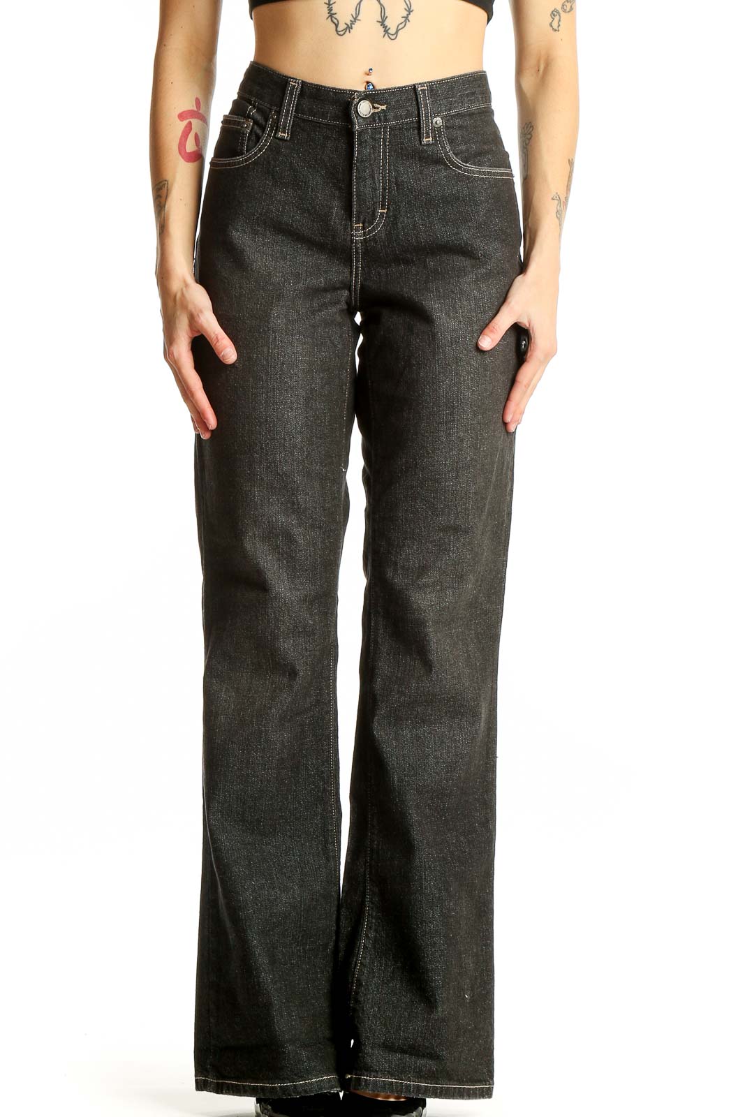 Front view of Calvin Klein Jeans dark gray wide-leg denim jeans