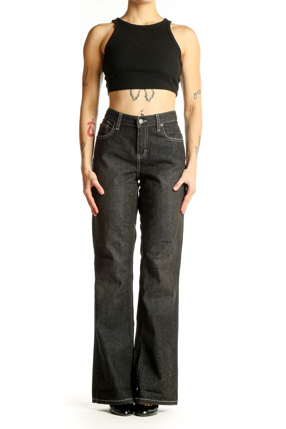 Front view of Calvin Klein Jeans dark gray wide-leg denim jeans