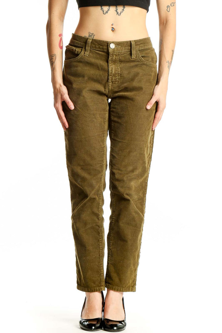 Front view of olive green corduroy pants by C/E Current/Elliott